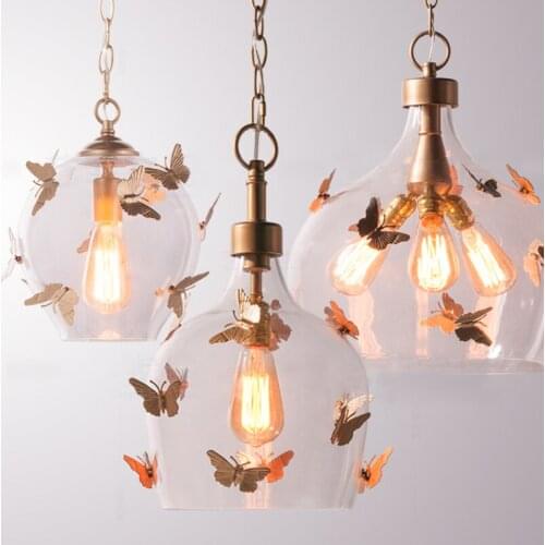 American Retro Butterfly Pendant Lamp Luxury Glass Lampshade Restaurant Living Room Bedroom Hanging Light Lighting Fixture PL525