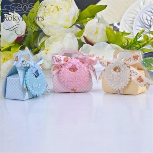 FREE SHIPPING 24PCS Bear Shape DIY Candy Boxes Christening Baby Shower Party Favor Boxes Candy Box with Bib Tags & Ribbon