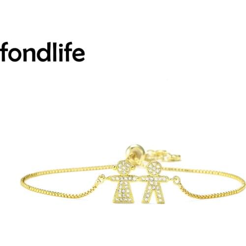 Shiny AAA Cubic Zirconia Crystal Boy And Girl Hand In Hand Charm Bracelet Women Lady Small CZ Lover Adjustable Jewelry Present