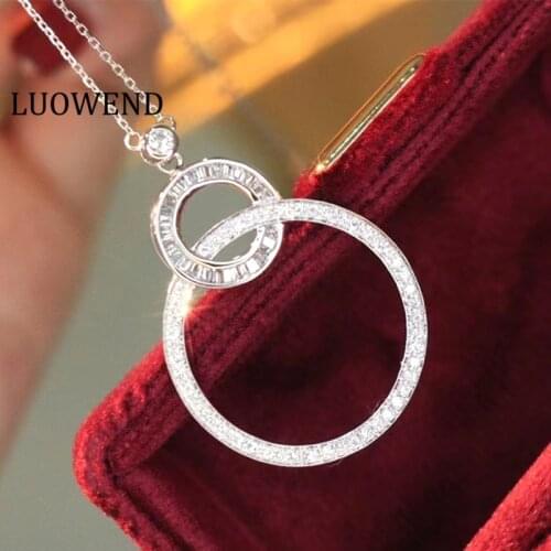 LUOWEND Solid 18K White Gold Pendant Necklace Round Circle Shape Real Natural Diamond Fine Jewelry Women Engagement Necklace