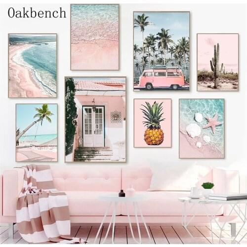 Scandinavian Poster Pink Beach Landscape Painting Pineapple Canvas Prints Palm Tree Cactus Wall Art Posters Living Room Decor