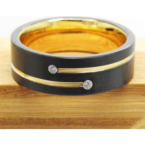 Classic Wedding Rings for Men Black Tungsten Carbide with Gold Tone Lines AAA CZ Stones Free Engraving Anniversary Ring