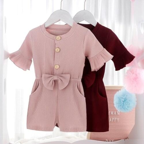 Baby Girl Romper Toddler Solid Short Sleeved Bow Jumpsuit Summer Children Casual Clothes One-piece