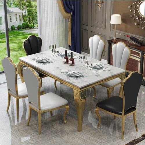 Beautiful dining set Modern minimalist style rectangle black marble top metal dining table with backrest chairs for home use