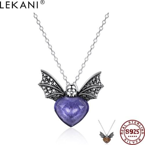 LEKANI Real 925 Sterling Silver Necklace For Women Heart Austria Crystal Personality Vintage Bat Pendant Necklaces Fine Jewelry