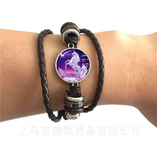 Cute Purple Unicorn Fly Horses Glass Cabochon Bracelet Jewely Black/Brown 2 Color Leather Cords Adjustable Bangle For Gift