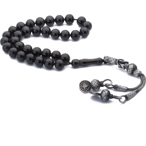 Natural Jet Stone Prayer Bead With Silver Tassel Men Rosary Islamic Tasbih With Ottoman Tassel 925 Sterling Silver