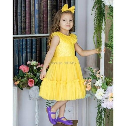 New Lace Yellow Princess Dress Long Prom Gown Flower Girl Kids Dresses Children Girls Clothing Teen Clothes AG0166