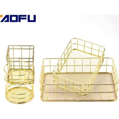 Makeup Organizers Rose Gold Iron Makeup Organizer Basket Eyeliner Brush Set Storage Cup Dressing Table Makeup Cosmetic Box