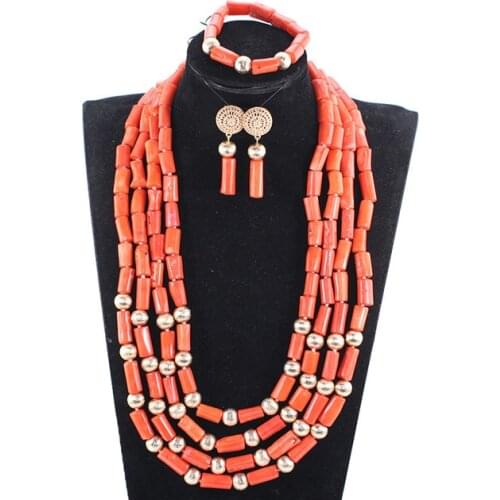 Luxury Nigerian Wedding Necklace Set Real Slender Coral Bead Jewelry Set for Women Bride African Golden Beads Jewelr NCL715