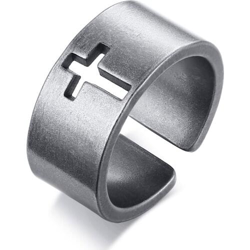 Trendy Mens Vintage Rings for Men Stainless Steel Open Hollow Cross Punk Jewelry Religion 10mm Party Gift