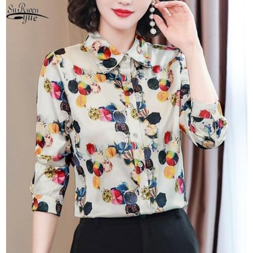 2021 Printed Satin Silk Shirt for Women Office Lady Long-Sleeve Floral Button Cardigan Women Blouse Plus Size Ladies Tops 10723