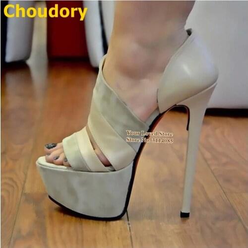 Women Nude Black Matte Leather Suede Patchwork Platform Pumps Strappy Thin High Heels Slip-on Dress Shoes Sky High Heels Wedding