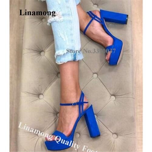 Linamong Elegant One Strap High Platform Chunky Heel Sandals Blue Suede Leather Ankle Straps Thick High Heel Sandals Dress Heels