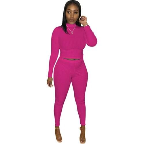 Plus Size S-3XL Tracksuit Womens Knitted Ribbed Turtleneck Long Sleeve T-shirt Pencil Pants Two Piece Set Active Sweatsuit