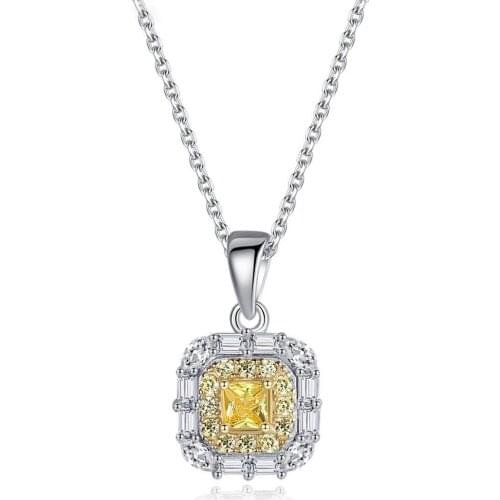 MetJakt S925 Sterling Silver Square Inlaid Citrine Pendant Fashion Simple Elegant Womens Necklace