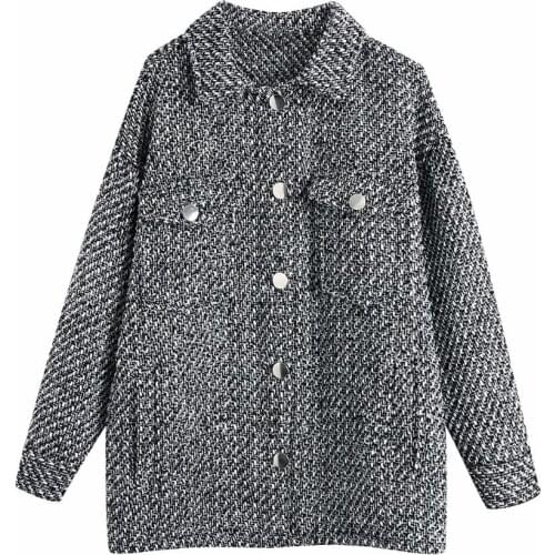 New Pop Women Tweed Textured Overshirt Coat Full Sleeves Lapel Collar Classic Style Vogue Vintage Woman Jackets Outfits