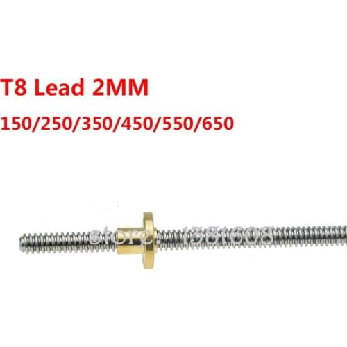 1PC Threaded Rod T8 Lead Screw Pitch 2mm Lead 2mm Length 150/250/350/450/550/650MM for 3D Printer Parts Accessories