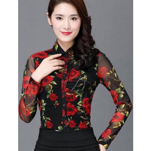 2018 New 3XL 4XL Spring Fall Floral Pattern Full Sleeve Stretch Mesh Blouse For Women , Female Slim Cardigan Blouses Shirts