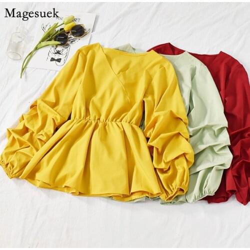 8 colors Chiffon Shirt Korean V-neck Petal Sleeve Retro Women Tops OL Style Slim Blouse Women Spring Pleated Solid Clothes 15030