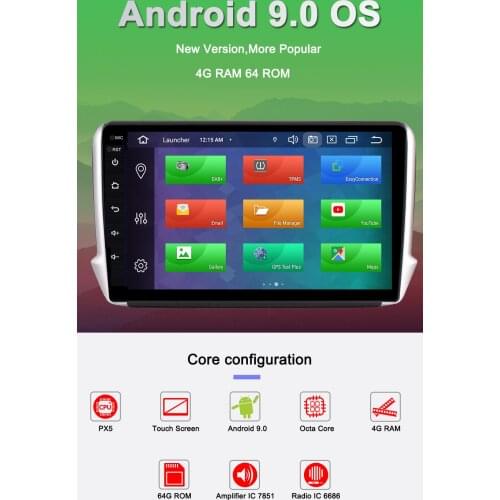 Android 9.0 10.2-inch Car Multimedia Player NAVI WIFI 4G GPS Navigationvideo Stereo Radio for 2012-2016 Peugeot 208 & 2008