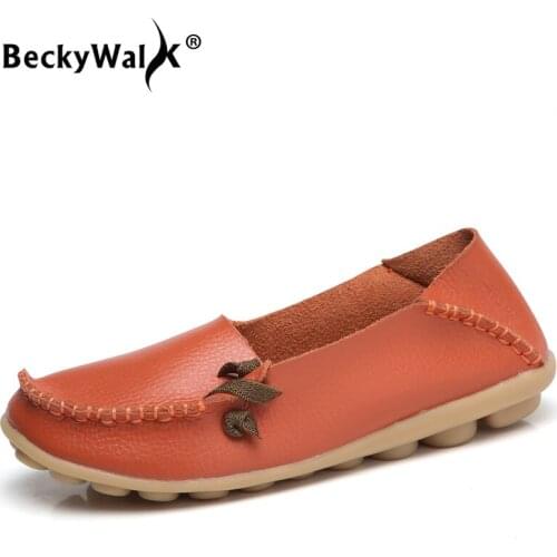 BeckyWalk Women Genuine Leather Shoes Round toe Spring Autumn Casual Shoes Woman Female Flats Plus Size Zapatos Mujer WSH2679
