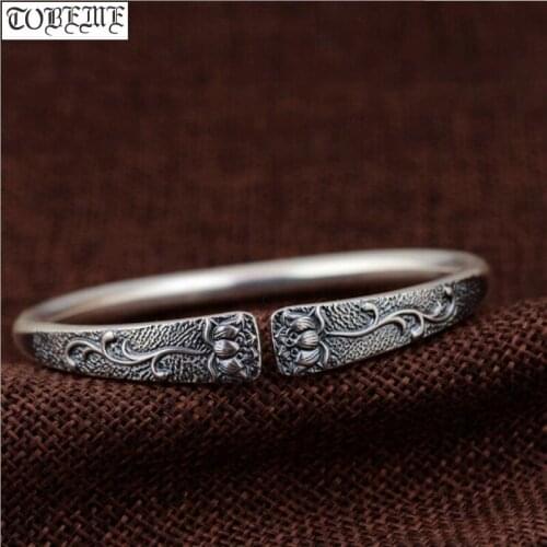 100% 990 Silver Tibetan Lotus Flower Bangle Pure Silver Women Cuff Bracelet Real Silver Good Luck Bangle