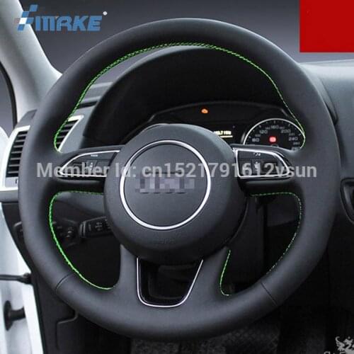 For Audi Q5 High Quality Hand-stitched Anti-Slip Black Leather Green Thread DIY Steering Wheel Cover