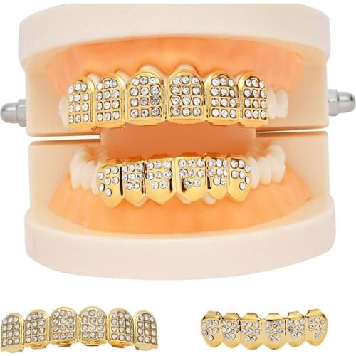 Punk Gold Teeth Grillz Top Bottom Grills Dental Rhinestone Vampire Teeth Caps Halloween Mouth Tooth Jewelry Party