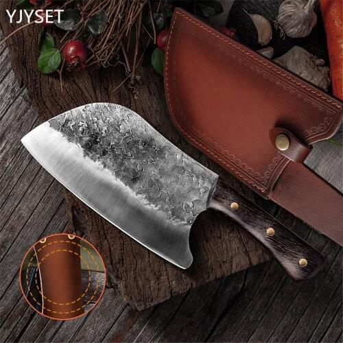 Forged Butcher Knife Traditional Handmade Kitchen Knife Hammer Stainless Steel Chefs Chopper Cooking Knives With Knife Sheath