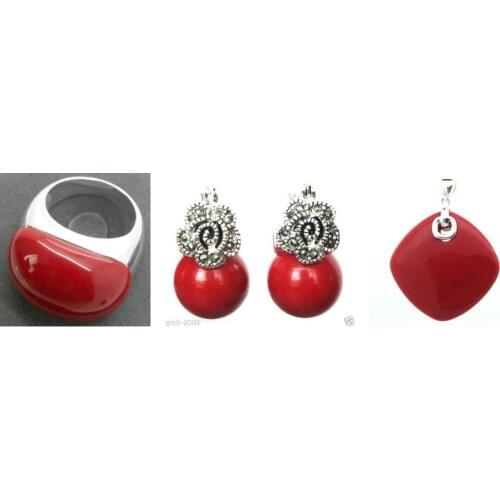 Nice Red Carved Lacquer Marcasite 925 Sterling Silver Ring(#7-10) Earrings & Pandent jewelry sets