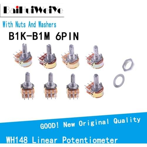 5PCS/LOTE WH148 Linear Potentiometer 15MM Shaft With Nuts Washers Dual Line 6Pin WH148 B1K B2K B5K B10K B20K B50K B100K B250K