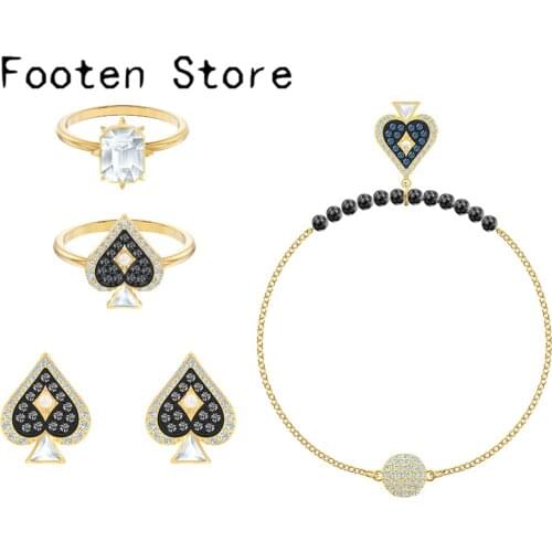 SWA Fashion Jewelry High Quality Charming Exquisite Quintaro Playing Card Black Heart Bracelet Ring Set Romantic Gift For Women