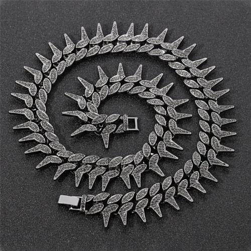 Hip Hop Bling Heavy Iced Out Cuban Thorns Link Chain Black Color Prong Chain Crystal Pave Mens Necklace for Boy Jewelry