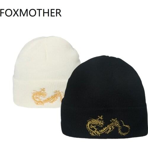 FOXMOTHER New Punk Bonnet Winter Knitted Hats Hip Hop Outdoor Warm Gorras Black White Dragon Caps Beanies For Men