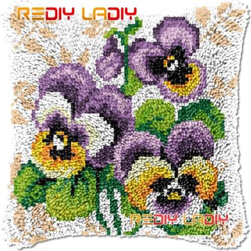 Latch Hook Cushion Pansies Flowers DIY Needlepoint Kits Chunky Acrylic Yarn Arts Crocheting Lofty Pillow Case Hobby & Crafts