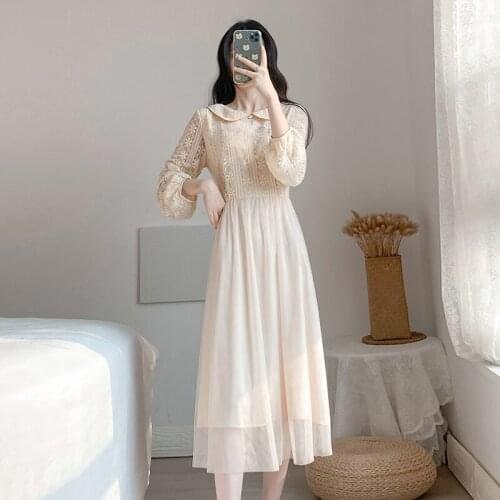 2021 Autumn New Sweet Lovely Gentle Elegant Slim Waist Temperament French Retro National Style improved mesh bottomed dress