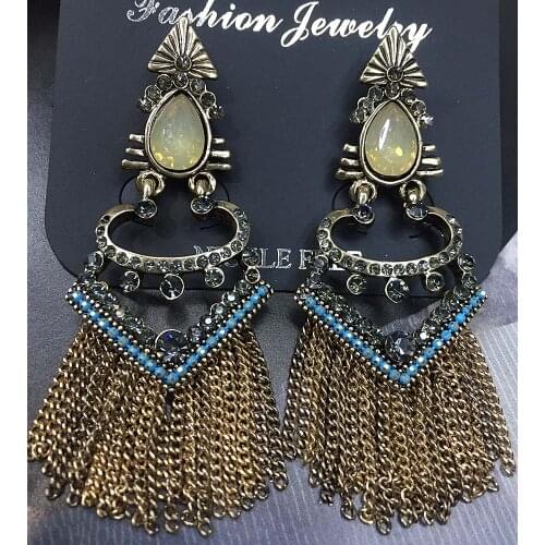 Opalescence Glass Gray Rhinestone Gold Chain Pendants Fashion Long Earring Women Fashion Jewelry New arrival stud for Girls E728