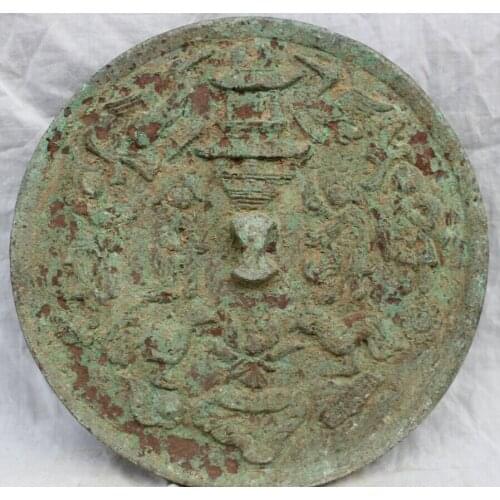 Song voge gem S2898 12" Chinese Folk Culture Dynasty Old Bronze Crane Phoenix Statue Stupa Mirror