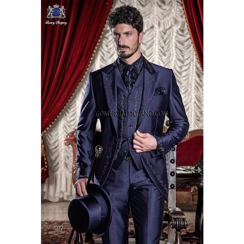 Latest Coat Pant Designs Italian Purple Embroidery Satin Men Suit Custom Prom Suits Slim Fit 3 Piece Tuxedo Terno Masculino 007