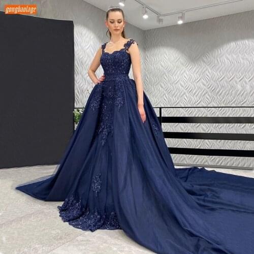 Dark Navy Evening Dresses 2020 Lace Beaded Appliqued Satin Sexy Women Dress Long Party Custom Made Abiti Da Cerimonia Da Sera