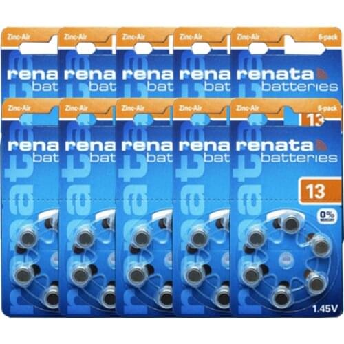 60pcs/10packs 100% RENATA A13 13A ZA13 13 1.45V Advanced Button Cell Battery Hearing Aid Batteries