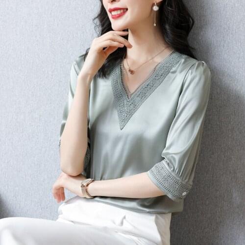 TingYiLi Women Summer V-neck Satin Silk Blouse Shirt Korean Fashion Office Ladies Green Champagne White Top Half Sleeve