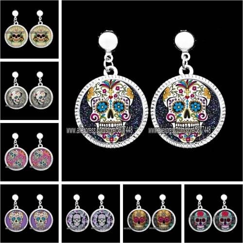 Statement Sugar Skull Glass Dangle Earrings Colorful Skeleton and Flower Girl Drop Earring Wholesale Jewelry for Women