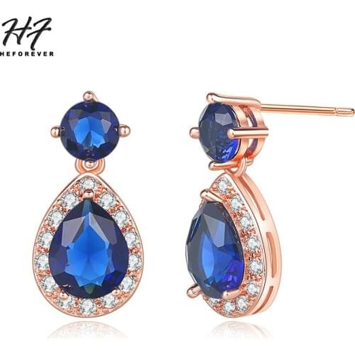 Luxury Crystal Earrings for Women Blue WaterDrop Cubic Zirconia Rose White Gold Color Party Gift Fashion Jewelry DZE005 DZE006