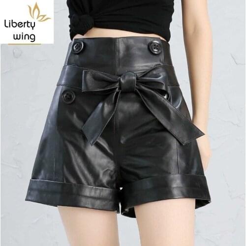 2020 Bow Women Real Sheepskin Red Black Plus Size High Waist Feminino Vintage Korean Style Leather Shorts