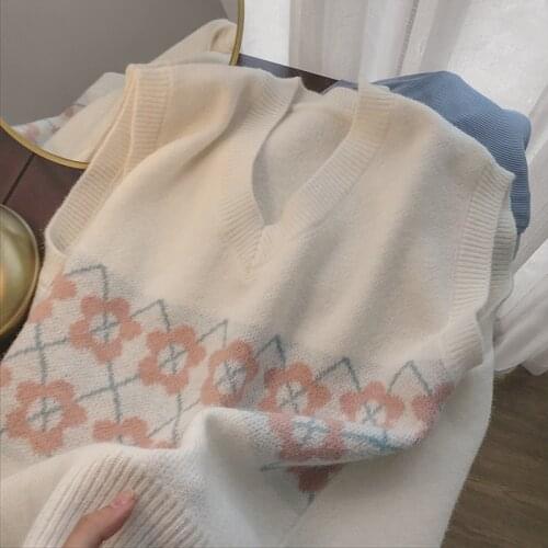 Retro V-neck Flower Knitted Sweater Vest Womens 2021autumn Winter Loose Sleeveless Waistcoat Retro Preppy Style Streetwear
