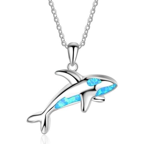 Cute Silver color Shark Pendant Necklace Womens Fashion Animal Necklace Blue Imitation Opal Necklaces Boho Ocean Beach Jewelry