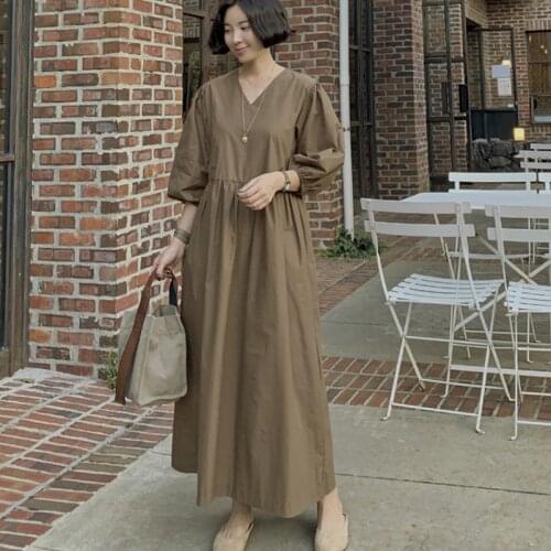 Johnature New Korean V-neck Solid Color Loose Women Dresses 2021 Autumn Casual Simple Three Quarter Sleeve Female Dress