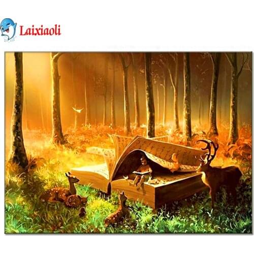 Cartoon book deer Diamond painting forest landscape Full Square Round Drill Wall Decor Inlaid Embroidery handmade Cross stitch